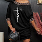 Faith Print Geometric Tape Patch Skew Neck Casual Dress Half Sleeve Mini Dress