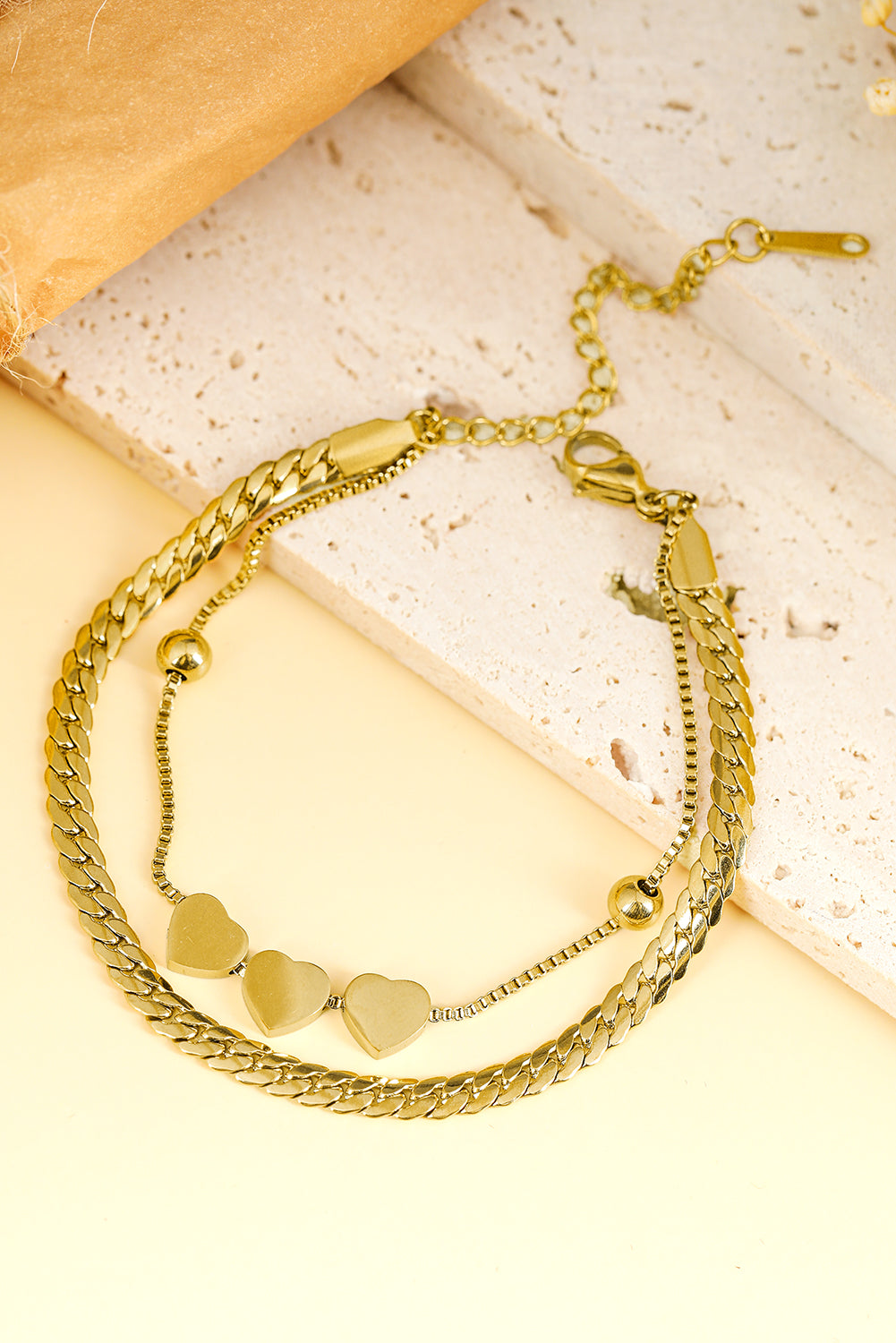 Gold Triple Heart Double Layer Adjustable Chain Bracelet