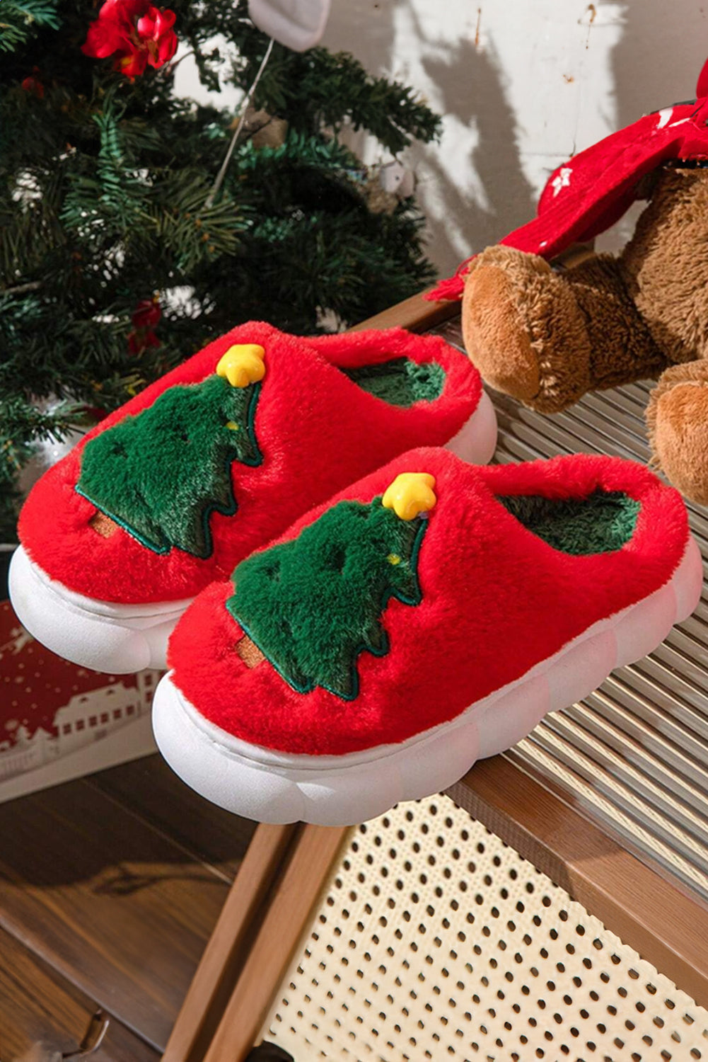 Fiery Red Christmas Tree Graphic Thick Sole Plush Slippers