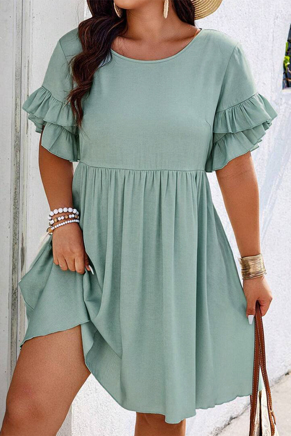 Grass Green Ruffle Trim Short Sleeve Plus Size Flared Mini Dress