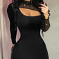 Glitter Lurex Rhinestone Sheer Mesh Mock Neck Bodycon Slim Fit Mini Dress