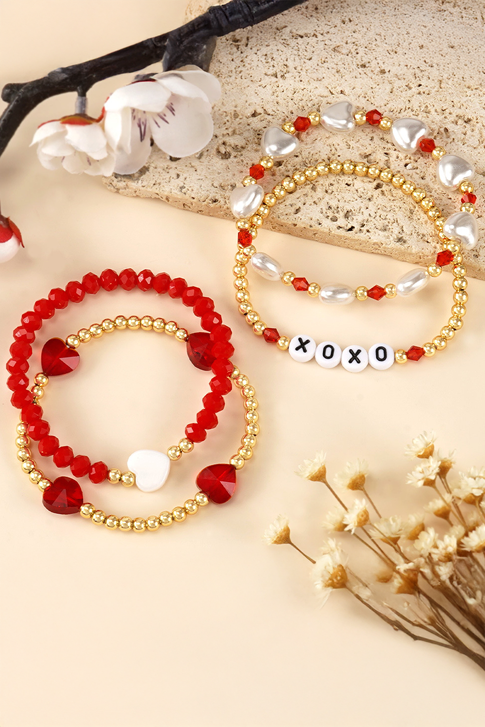 Fiery Red XOXO Heart Beaded 4pcs Layered Bracelet