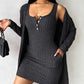 Pocket Design Buttoned Ribbed Casual Dress & Long Sleeve Open Front Coat