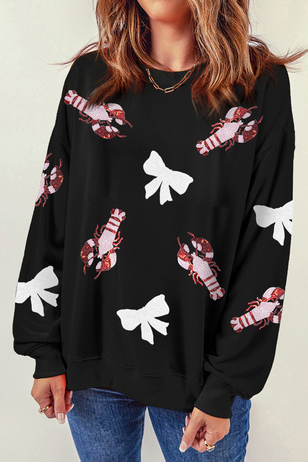 Black Crawfish Bow Sequin Patched Graphic Sweatshirt