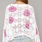 White Contrast Flower Print Eyelet Drop Shoulder Sweater