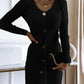 V Neck Long Sleeve Button Decor Drawstring Waist Knit Sweater Dress