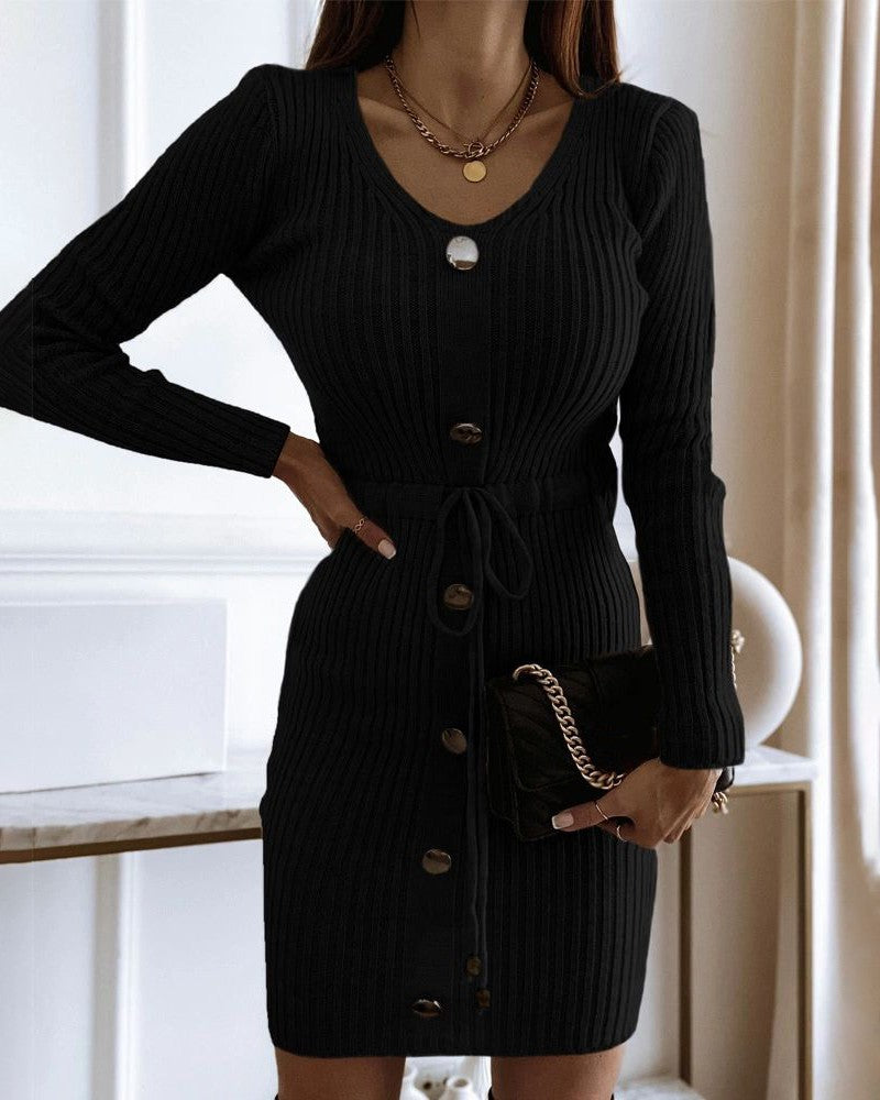 V Neck Long Sleeve Button Decor Drawstring Waist Knit Sweater Dress