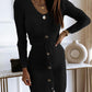 V Neck Long Sleeve Button Decor Drawstring Waist Knit Sweater Dress