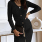 V Neck Long Sleeve Button Decor Drawstring Waist Knit Sweater Dress