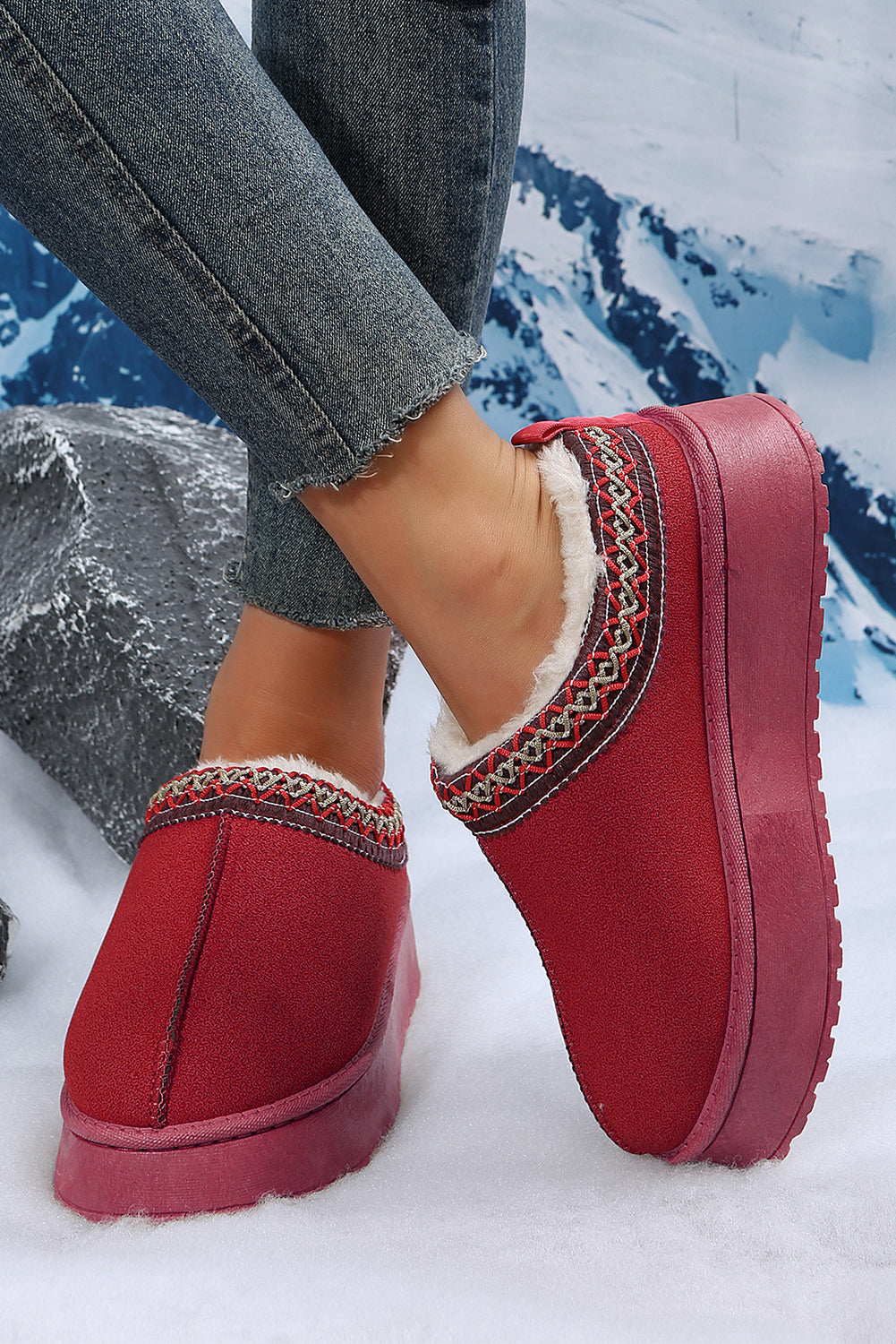 Fiery Red Contrast Print Suede Plush Lined Snow Boots