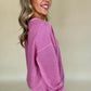 Bright Pink Solid Color Notched Neck Drop Shoulder Sweatshirt