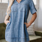 Beau Blue Short Sleeve Collared Patched Pocket Denim Mini Dress