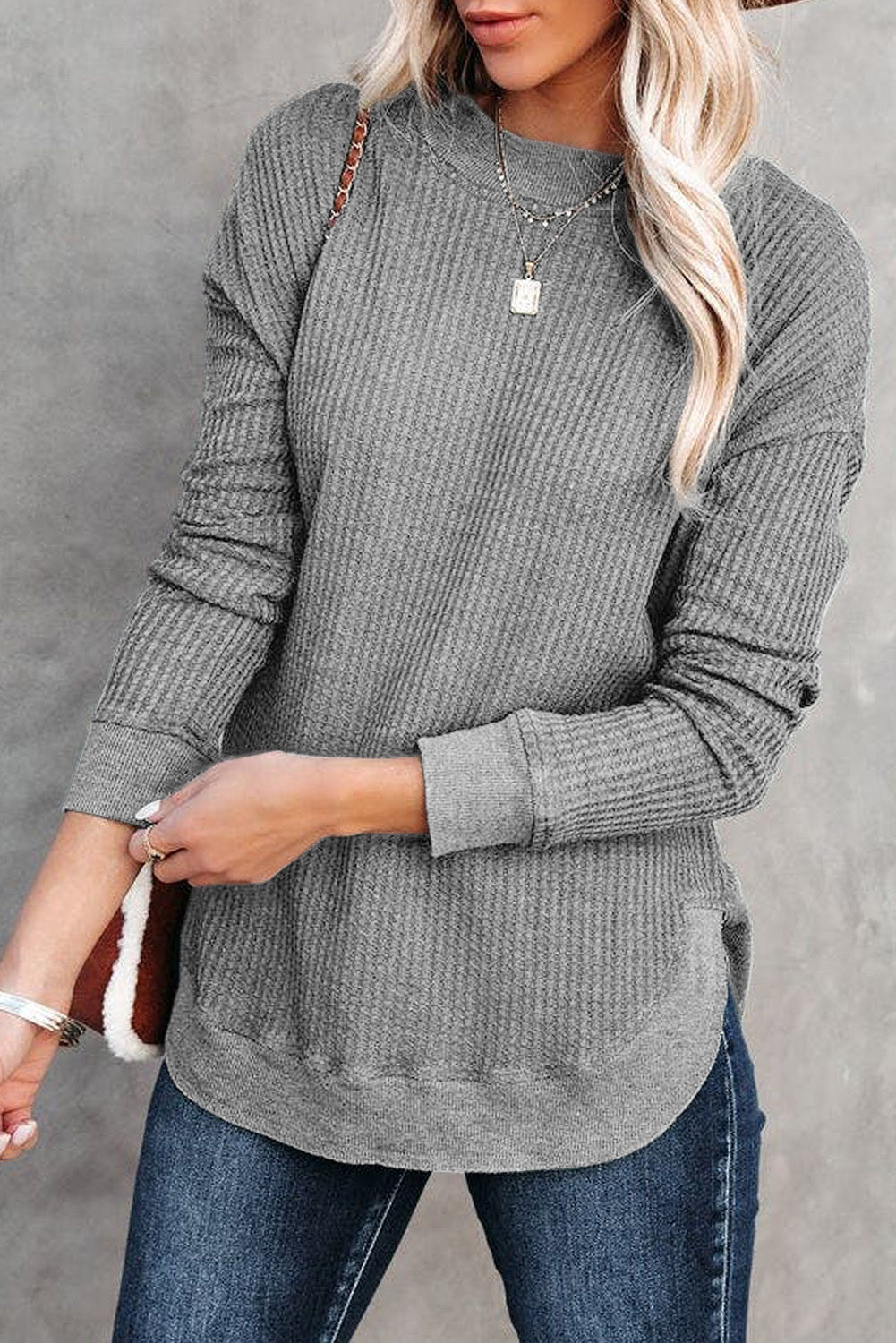 Gray Crew Neck Ribbed Trim Waffle Knit Top