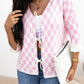 Light Pink Checkered Knitted Lace-up Ruffled 3/4 Sleeve Cardigan