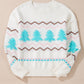 White Striped Christmas Tree Ribbed Trim Drop Shoulder Sweater