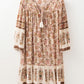 Apricot Floral Print Tassel Drawstring V Neck Loose Mini Dress