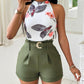 Floral Print Basic Tank Top & Shorts Set With Belt