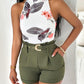 Floral Print Basic Tank Top & Shorts Set With Belt