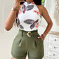 Floral Print Basic Tank Top & Shorts Set With Belt