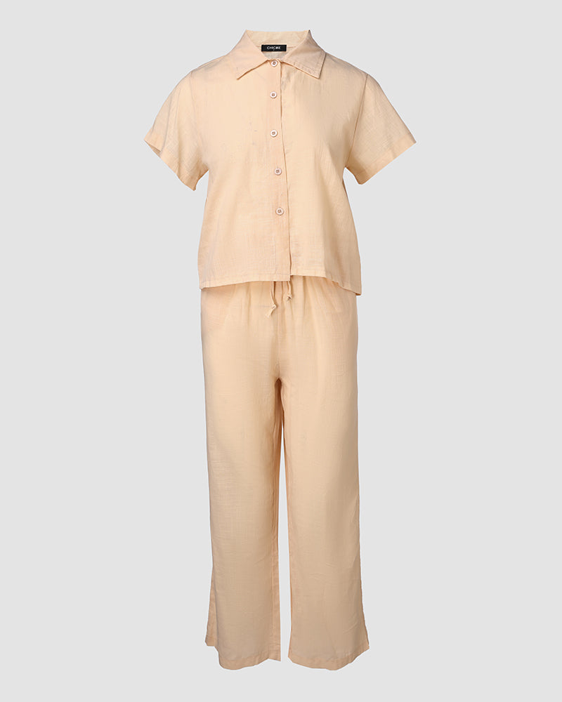 Short Sleeve Buttoned Top & Drawstring Pants Set