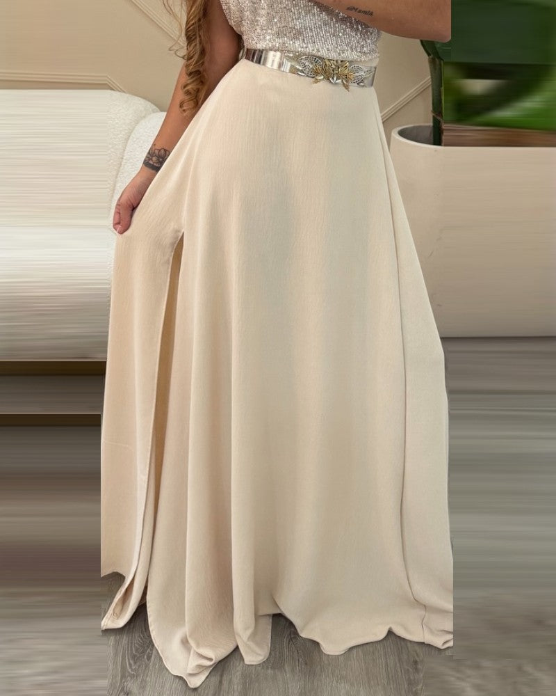 High Wasit A Line Slit Long Skirt Casual Flowy Summer Maxi Skirt