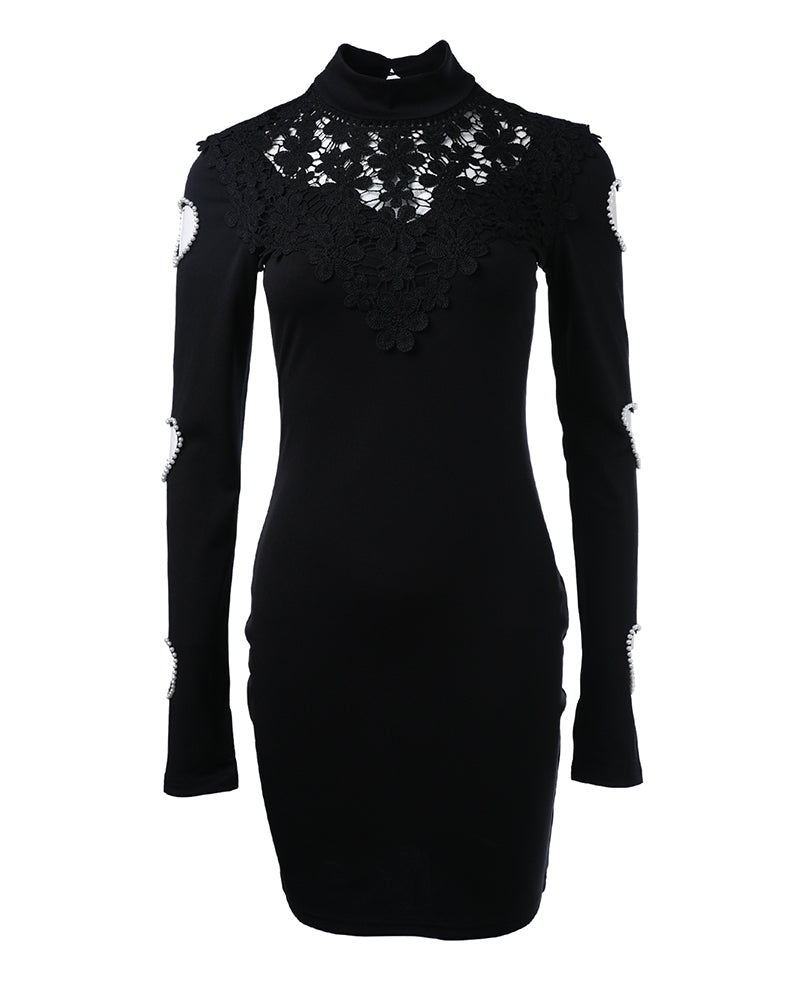 Beaded Hollow Heart Lace Patch Bodycon Dress