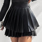 PU Leather Above Knee High Waist Pleated Skirt Casual Skirt