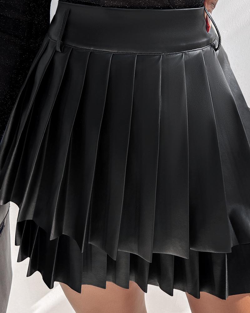 PU Leather Above Knee High Waist Pleated Skirt Casual Skirt