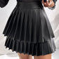 PU Leather Above Knee High Waist Pleated Skirt Casual Skirt