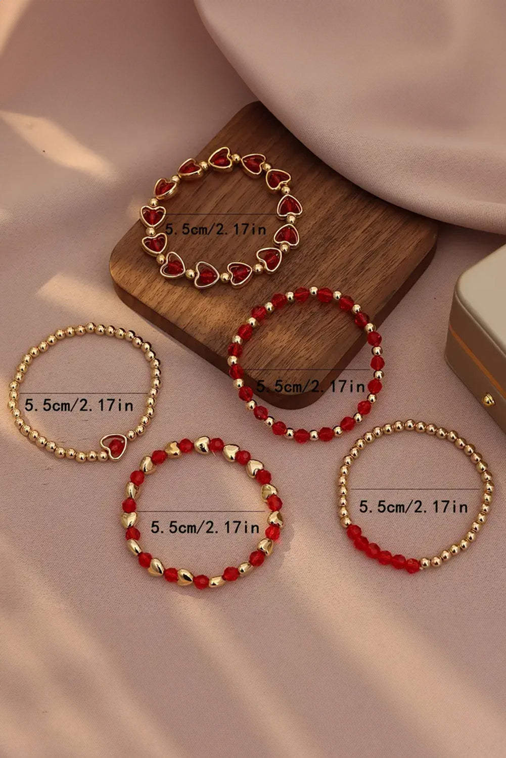 Fiery Red Heart Shape Plated Beaded Elastic Bracelet Set