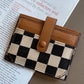 Coffee Leather Checkered Canvas Patchwork Card Storage Wallet