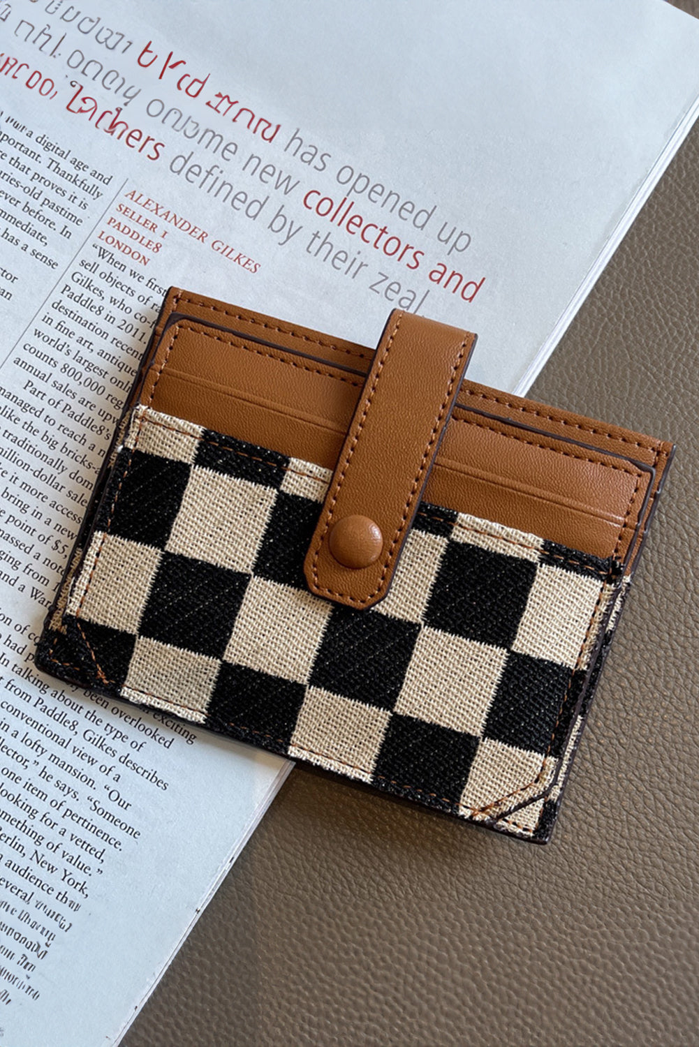 Coffee Leather Checkered Canvas Patchwork Card Storage Wallet