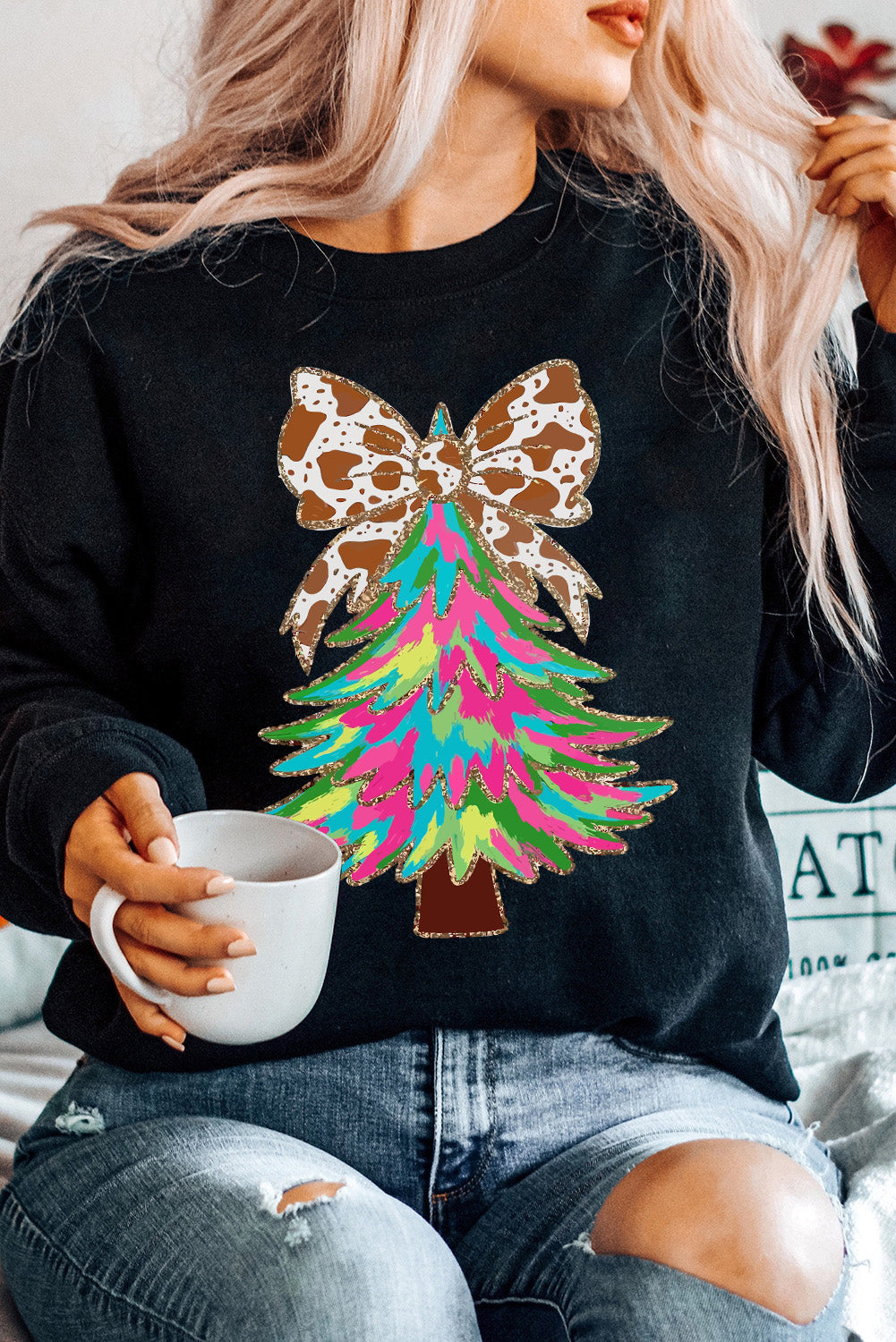 Black Bowknot Christmas Tree Shiny Graphic Sweatshirt