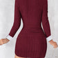 Polo V Neck Long Sleeve Fleece Lined Bodycon Dress Slit Button Decor Ribbed Mini Dress