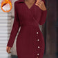 Polo V Neck Long Sleeve Fleece Lined Bodycon Dress Slit Button Decor Ribbed Mini Dress