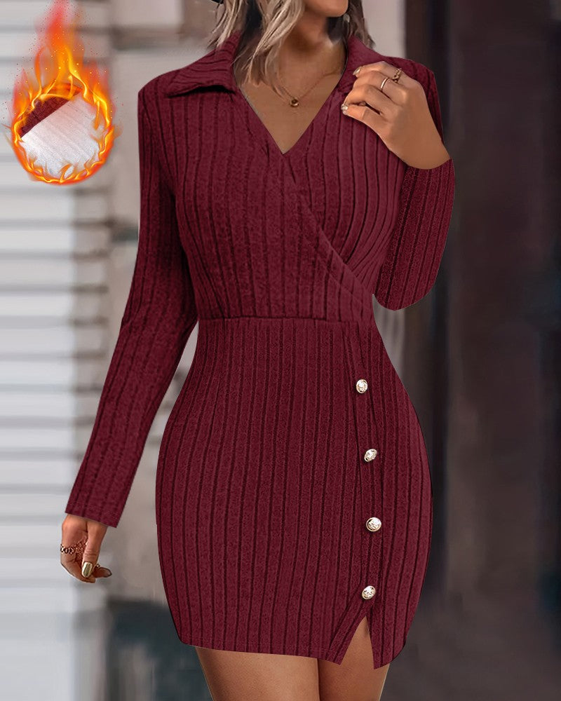 Polo V Neck Long Sleeve Fleece Lined Bodycon Dress Slit Button Decor Ribbed Mini Dress