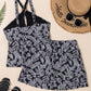 Black Abstract Printed Buckle Crossed Straps Skirted Tankini 2pcs Swimsuit