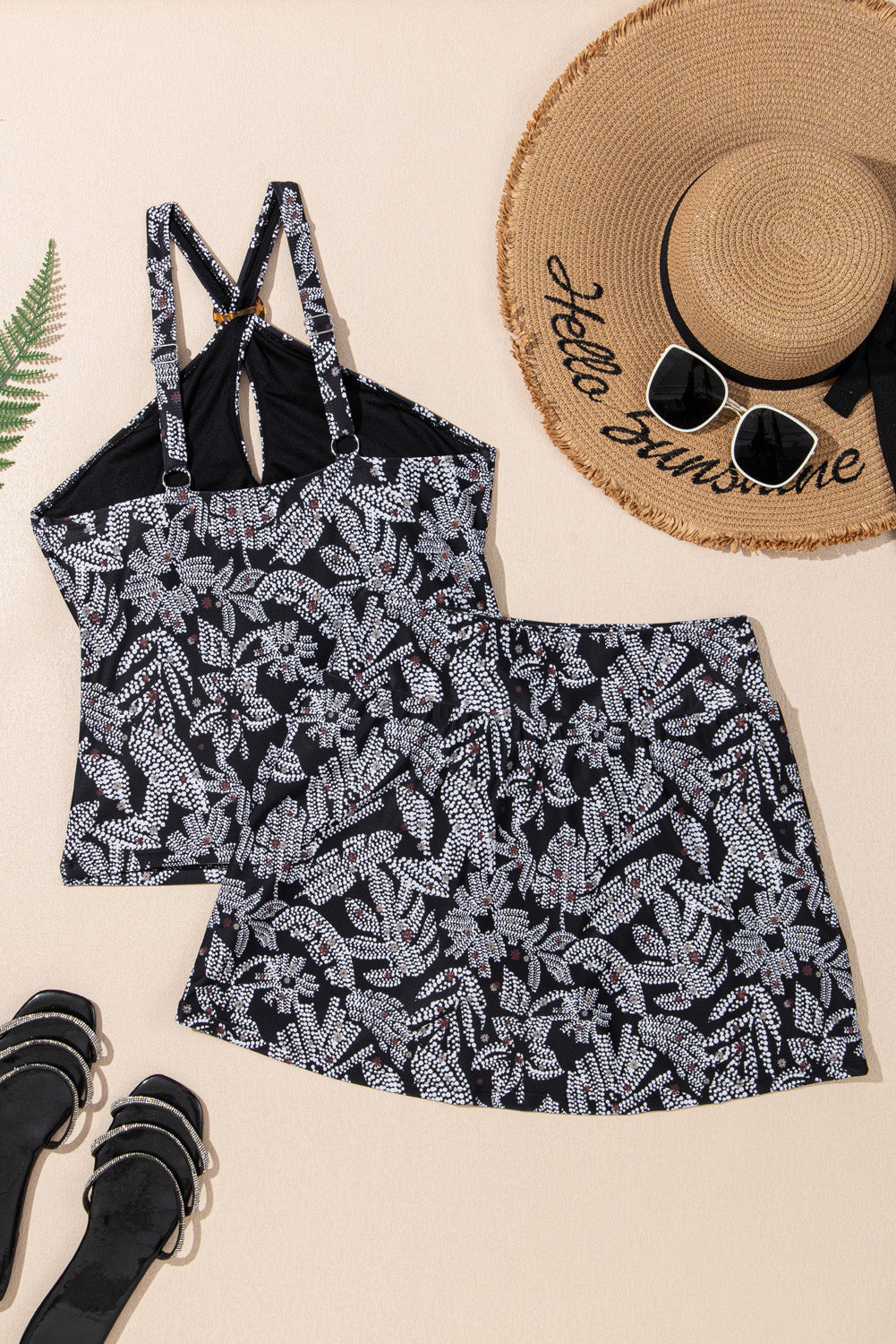 Black Abstract Printed Buckle Crossed Straps Skirted Tankini 2pcs Swimsuit