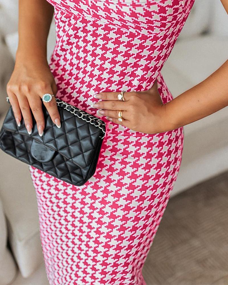 Houndstooth Print Low Neck Slim Fit Bodycon Dress