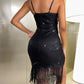 Allover Sequin V Neck  Spaghetti Strap Slit Mini Dress Fringe Party Dress