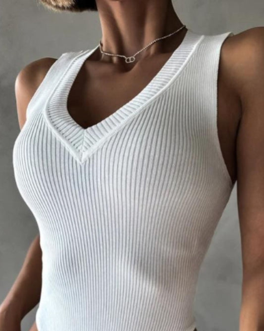 V Neck Sleeveless Bodysuit Sexy Slim Fit Ribbed Tank Body Suits