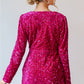 Pitaya Pink Velvet Sequin Long Sleeve V Neck Wrapped Mini Dress