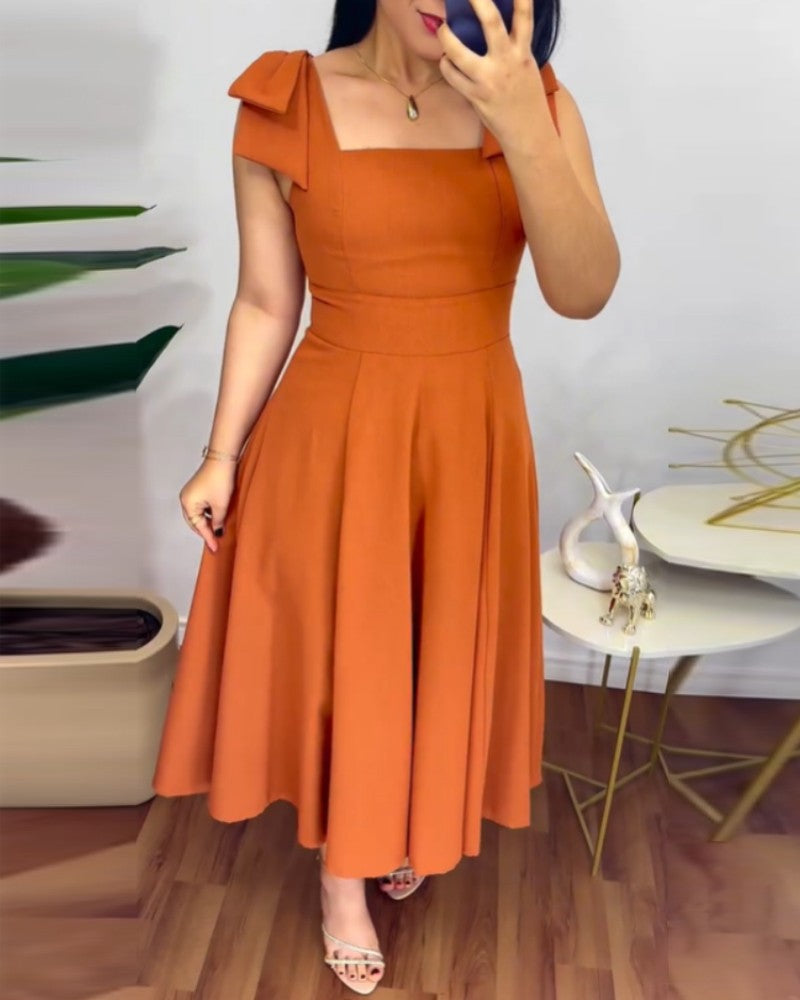 Plain Square Neck Sleeveless Waist Midi Dress Bowknot Strap A Line Dress