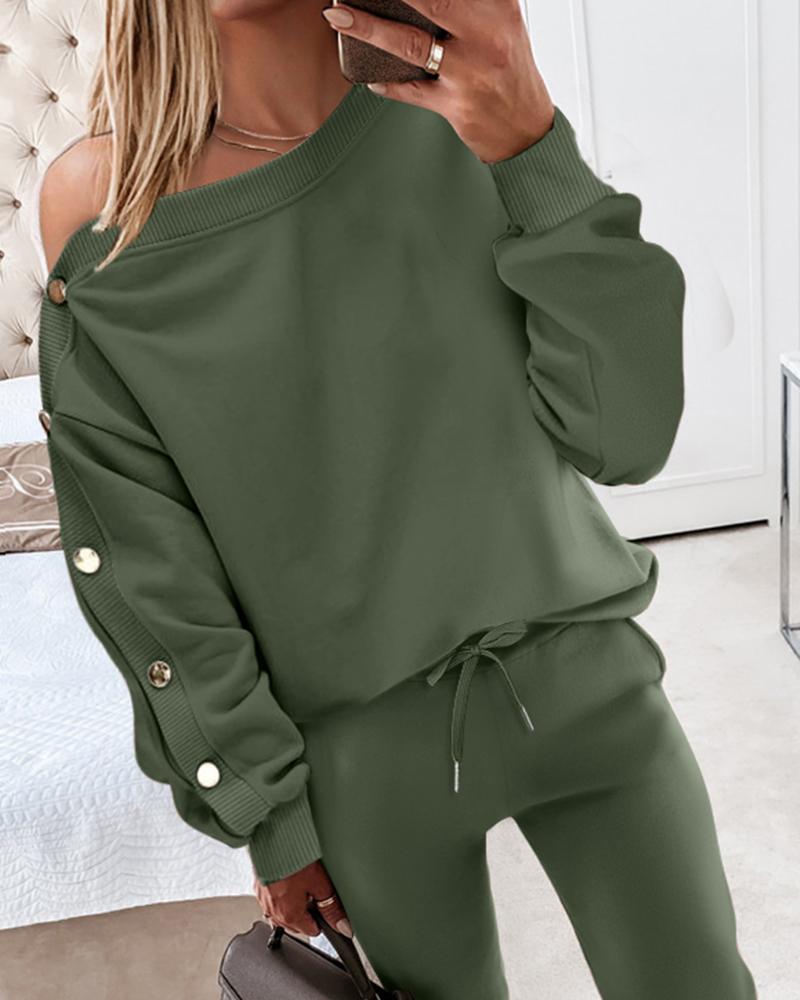 2PCS Skew Neck Buttoned Sweatshirt & Cuffed Pants Set