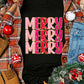 Black Heat Transfer Printing MERRY Letter Christmas Graphic Tee