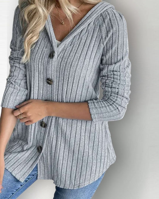 Hooded Long Sleeve Button Down Casual Ribbed Top