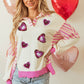 Pink Stripe Patchwork Sequin Heart Pattern Long Sleeve Collared Split Top