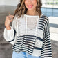 White Stripe Contrast Striped Crochet Puff Sleeve Sweater