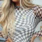 Black Checkered Pattern Mesh Mock Neck Long Sleeve Top