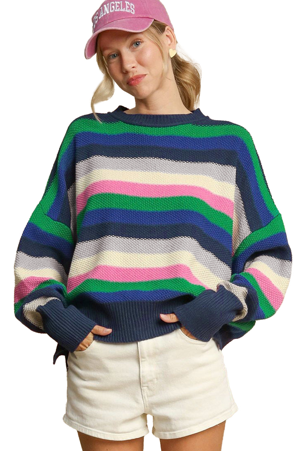 Bright Green Rainbow Striped Crew Neck Drop Shoulder Sweater